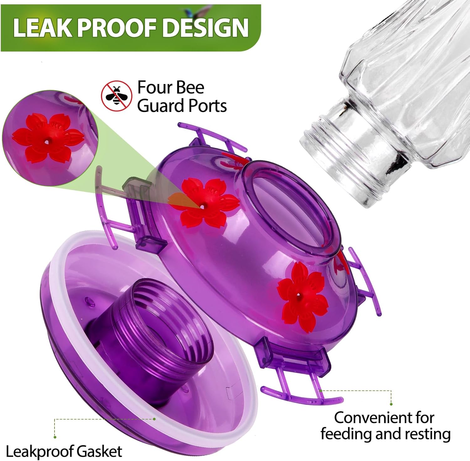 BOLITE Glass Hummingbird Feeders for Outdoors Hanging, Built-in Ant Moat, 4 Bee Guard Feeding Ports with Perches, Leak Proof, 15 Ounces, Stars Decor, Purple, Gifts for Women Men, Gifts for Mom Dad