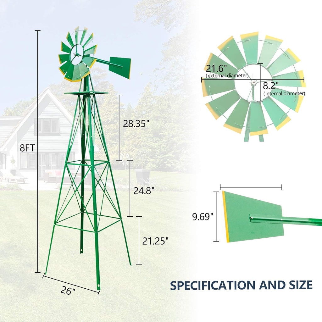 8ft Garden Windmill, Heavy Duty Durable Metal Weather Vane for Backyard, Ornamental Windmill for Yard Weather Resistant (Green, 8FT)