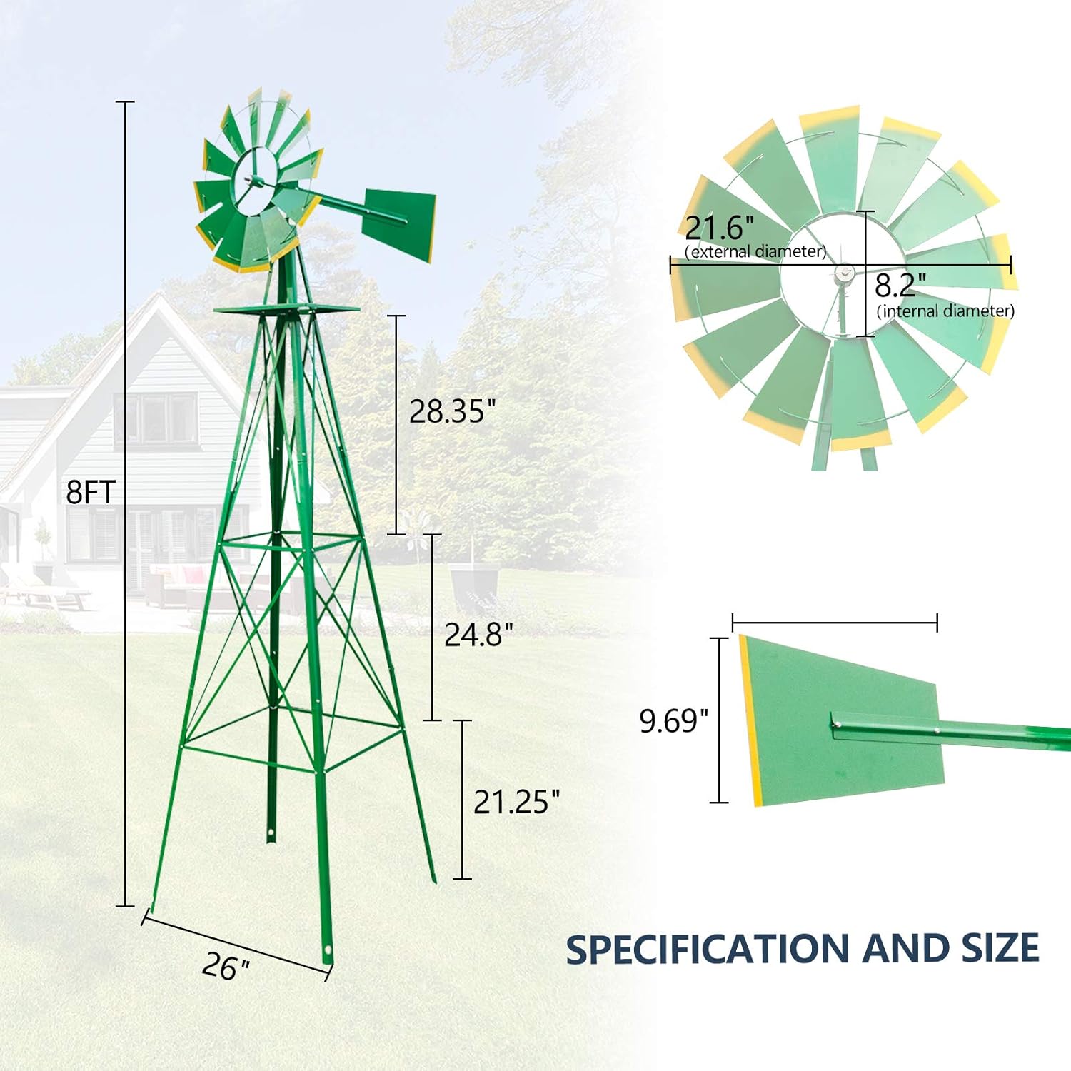 8ft Garden Windmill, Heavy Duty Durable Metal Weather Vane for Backyard, Ornamental Windmill for Yard Weather Resistant (Green, 8FT)