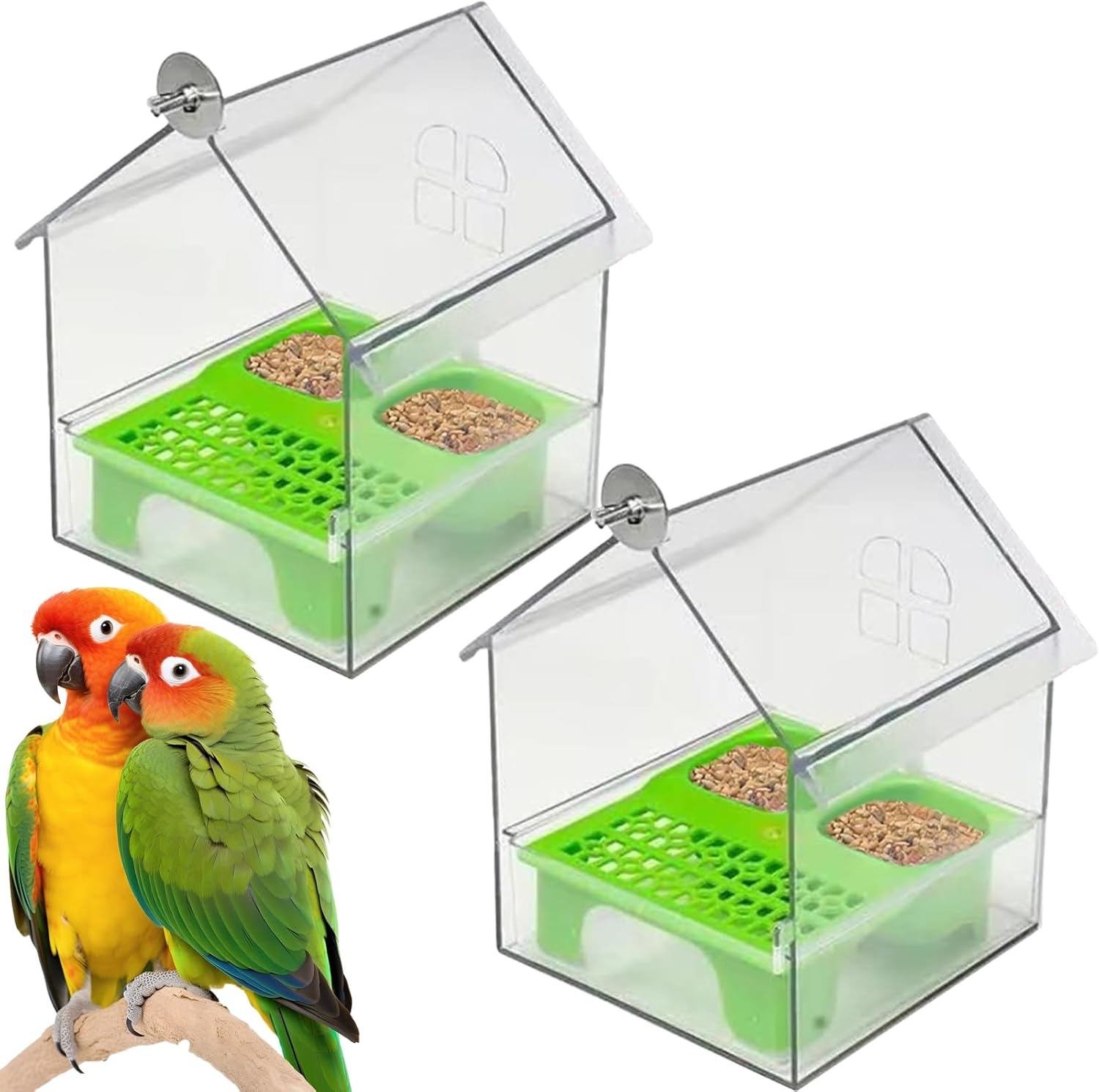 Ziveseller/Sowhathow Pull-Out External Parrot Feeder, Parrot Feeder Parakeet House Bird Bath Transparent Dish Water, Hanging Wild Bird Seed with Squirrel Proof Tray (Green*2)