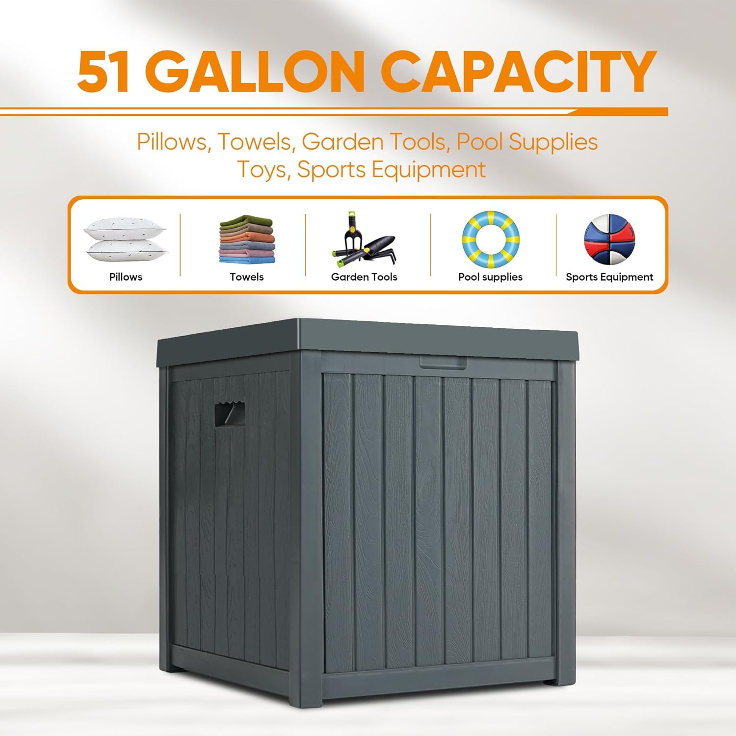 51 Gallon Resin Deck Box, Outdoor Storage Box Waterproof for Patio, Garden, Pool, and Deck, Storage Solution for Cushions, Tools, Delivery Packages, Grey