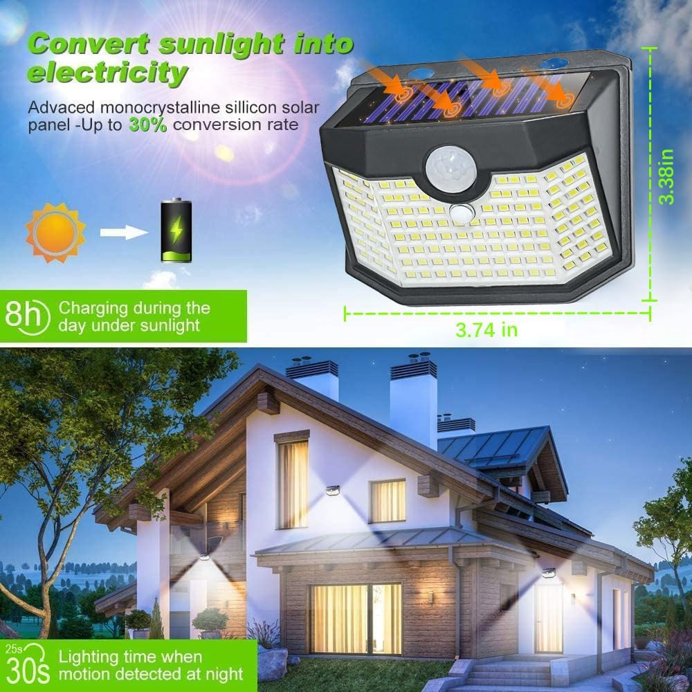 HMCITY 120 LED Outdoor Solar Lights with Motion Sensor and 3 Lighting Modes, IP65 Waterproof Wide Solar Wall Lights Ideal for Garden Patio Yard (Front Button 8Packs, Daylight White)