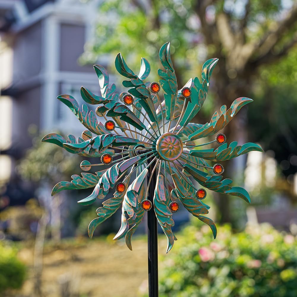 DREAMSOUL 13" Dia Wind Spinners Outdoor with 5 Prong Stakes, Kinetic Wind Spinner Metal Spinners for Yard and Garden