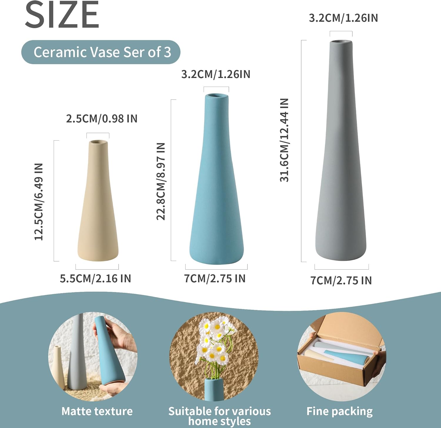 Ceramic Vase Set of 3, Modern Farmhouse Vases Neutral Pottery Vase Pampas Grass Flower Vases for Home Decoration Room Decor Table Living Room Centerpieces Mantel Decor - Blue