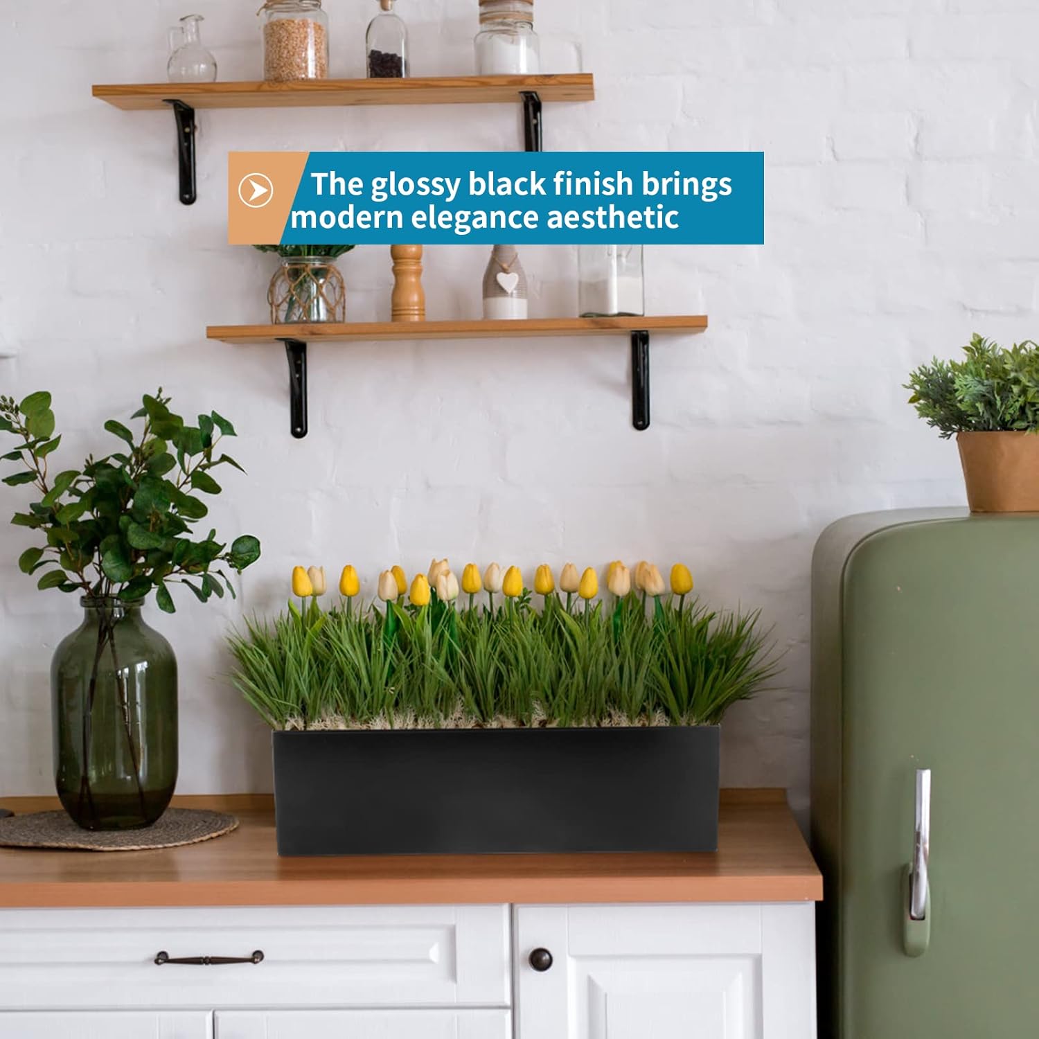 17" Large Stainless Steel Planter Box with Drain Holes and Water Reservoir, Rectangle Succulent Trough Planter Pot for Indoor Outdoor Windowsill, Table Decor (Black)