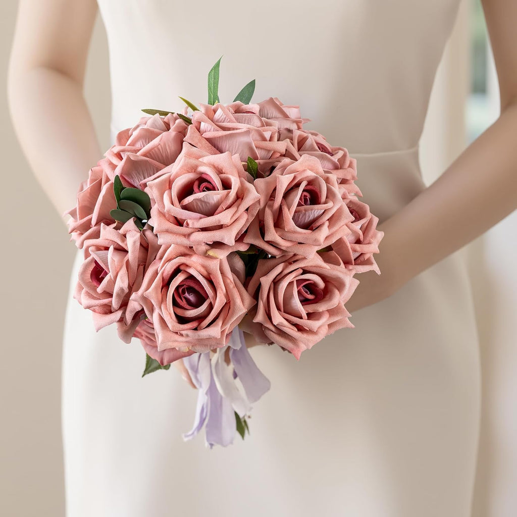 Fake Roses Faux Flowers Silk Roses 16.5in Artificial Roses with Stems Realistic Artificial Flowers Suitable for Indoor Home Decor DIY Bouquet Wedding Decor Party Decor (Pink Purple,12PCS)