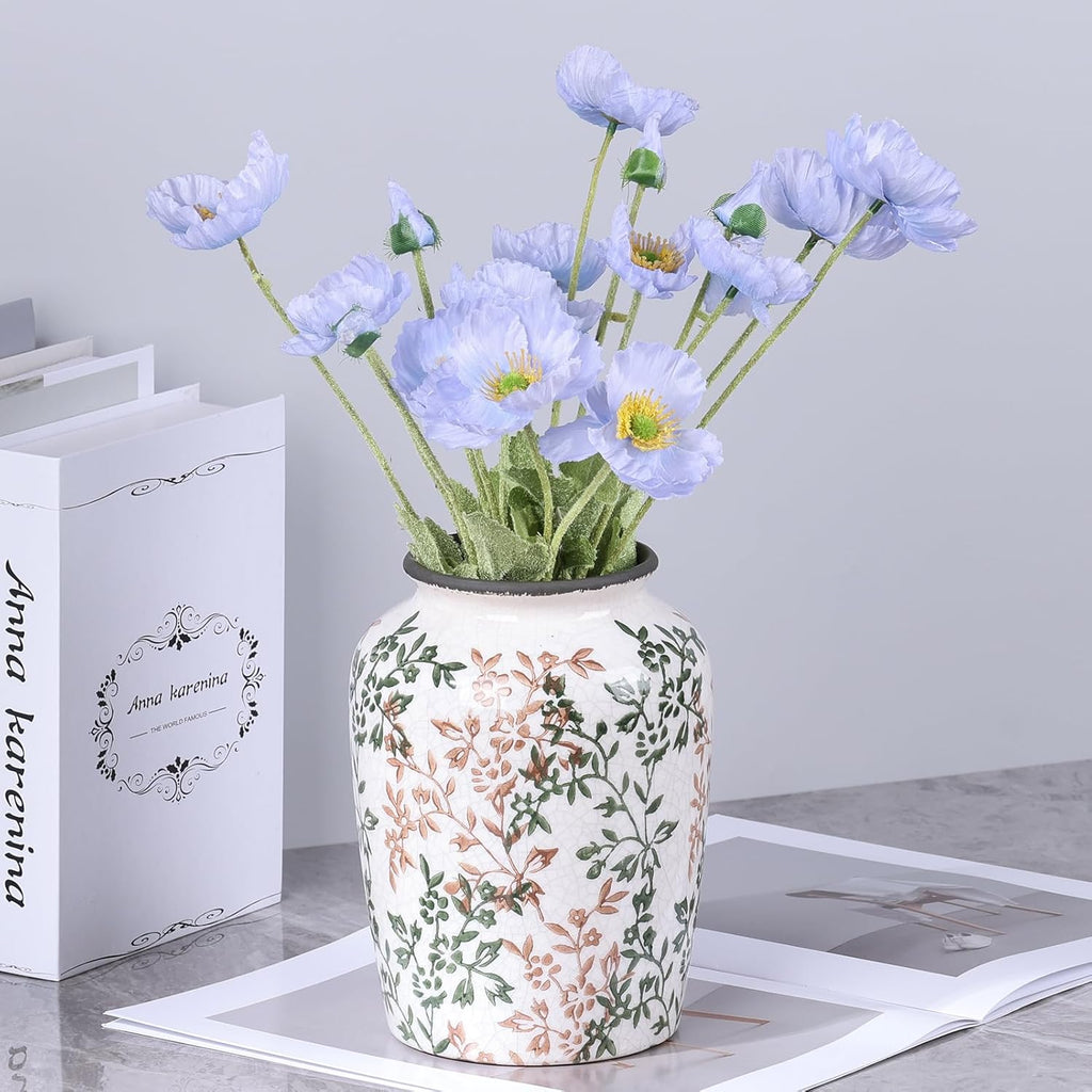 Vintage Vase for Flowers,Green Chinoiserie Ceramic Vase,Rustic Farmhouse Cracked Vases,for Flower Arrangement,Living Room, Office, Shelf, Fireplace Tables,Centerpieces,Chinoiserie Pottery Decor(D)