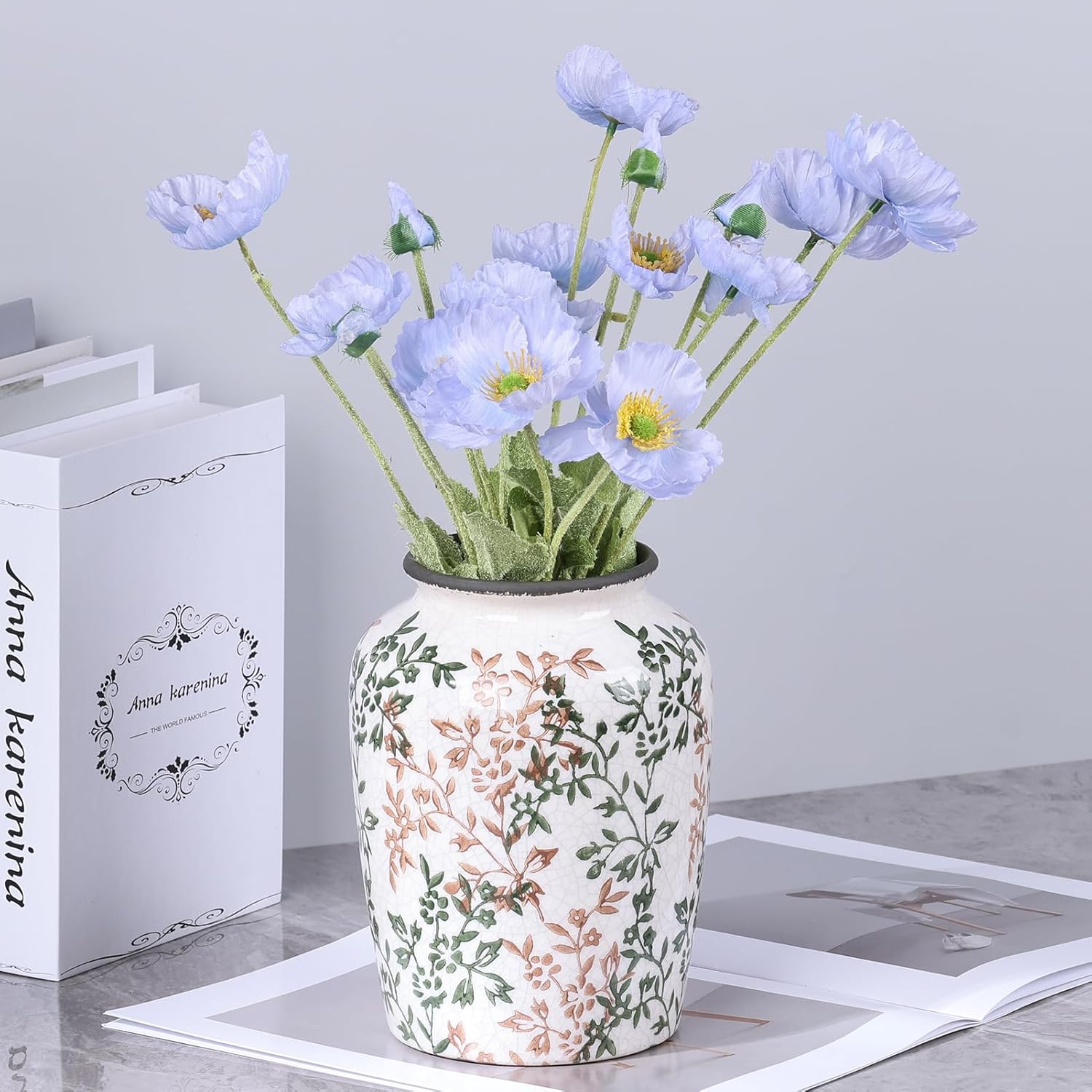 Vintage Vase for Flowers,Green Chinoiserie Ceramic Vase,Rustic Farmhouse Cracked Vases,for Flower Arrangement,Living Room, Office, Shelf, Fireplace Tables,Centerpieces,Chinoiserie Pottery Decor(D)