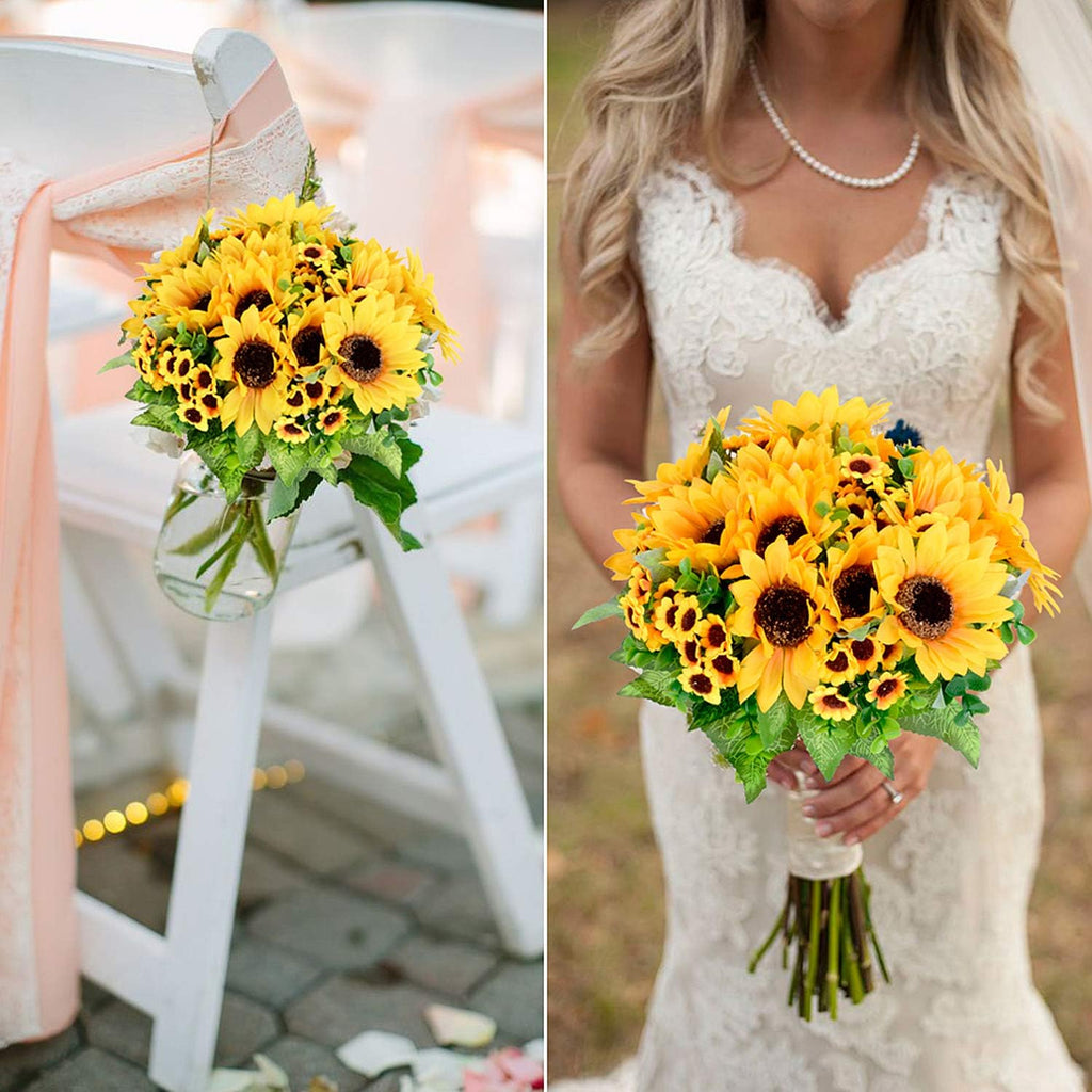 Lvydec Artificial Sunflower Bouquet, 2 Bunches Silk Sunflowers Fake Yellow Flowers for Home Decoration Wedding Decor (2 Pack)