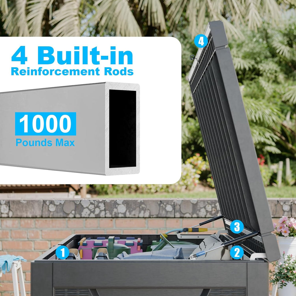 260 Gallon Large Resin Deck Box, Lockable Outdoor Storage Box for Patio Cushions Storage Furniture,Garden Tools, Pool Supplies, Weatherproof and UV Resistant-Black Rattan (260 Gallon)