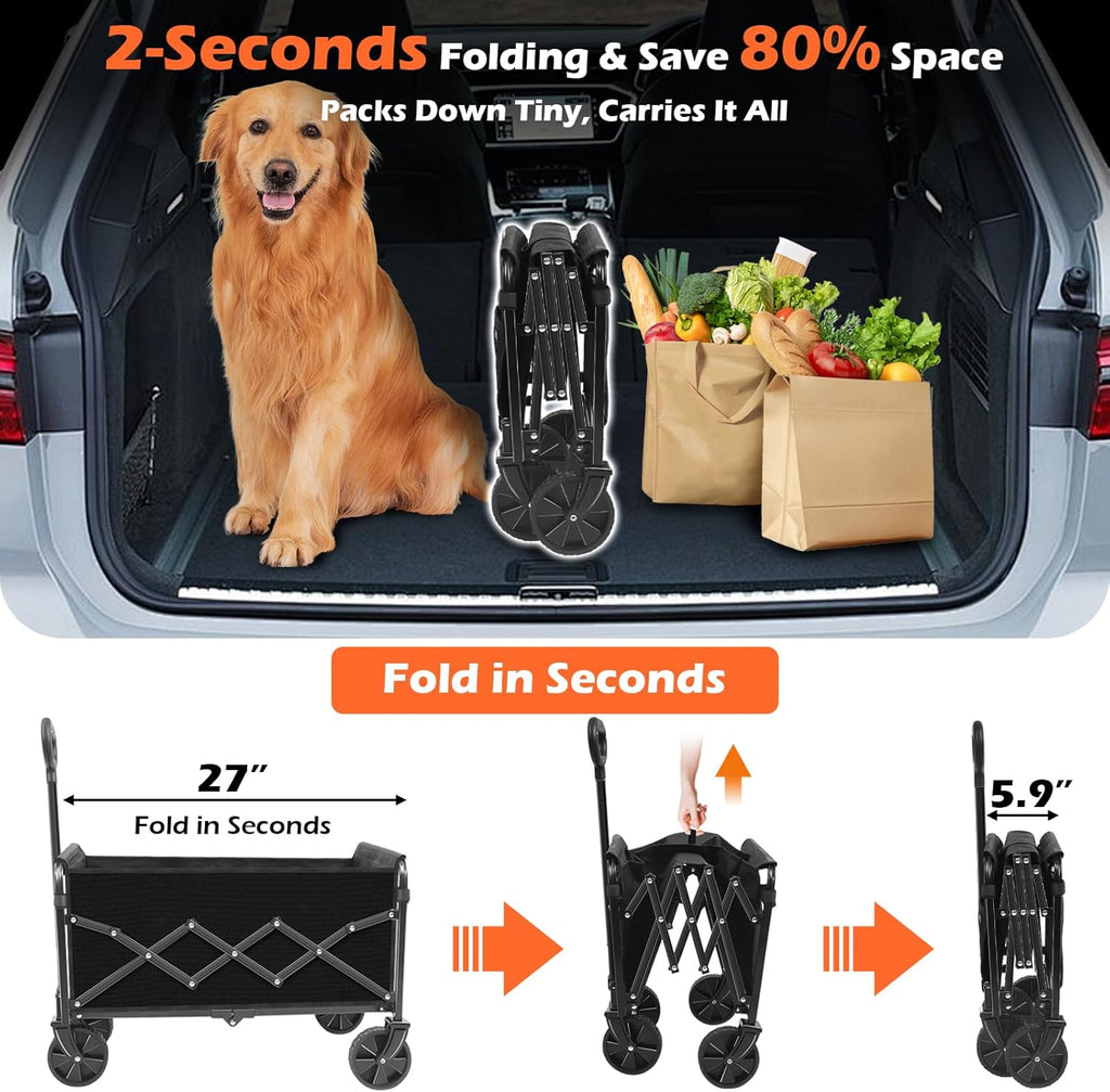 Wagons Carts Foldable, Collapsible Wagon, Foldable Wagon Cart with Wheels, Folding Wagons for Beach Camp Sports Garden, 2 Cup Holders/Lightweight Portable/Black/360 LBS