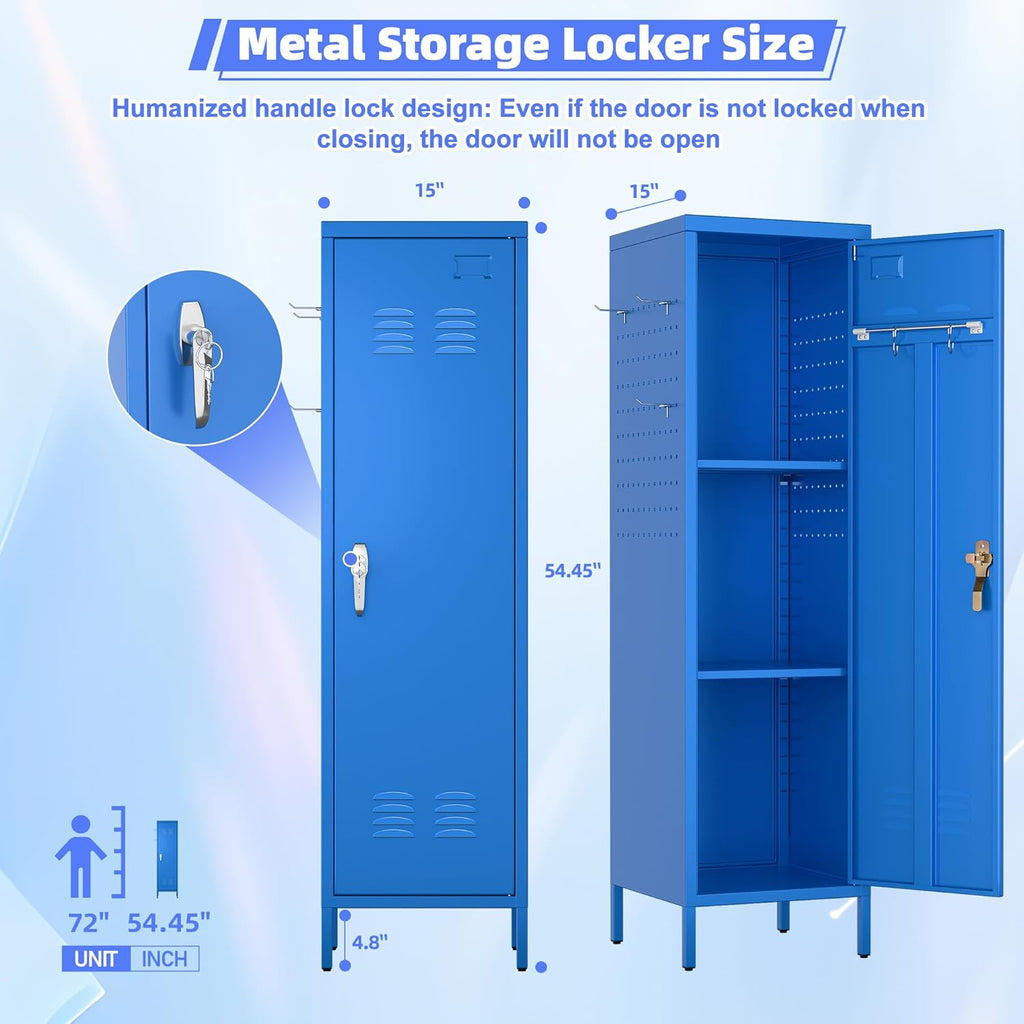 METAN Metal Storage Lockers with Handle Lock and 2 Adjustable Shelves,Office Storage Locker with Pegboards and Hooks,Assembly Required,Blue