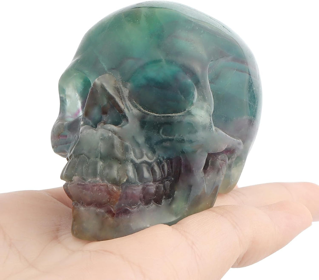 Crystal Skull Head Statue Hand Carved 3.0" Rainbow Fluorite Polished Gemstone Skull Stone Figurine Crafts Ornament for Home Office Halloween Decor