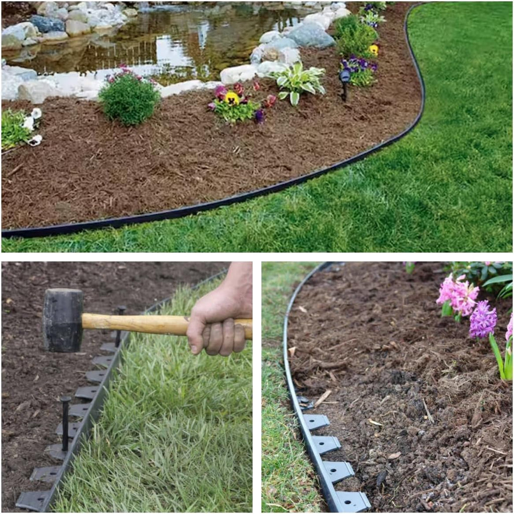 2 Inch Tall No Dig Durable Garden Landscape Edging Kit, Black Plastic Lawn Border with 48pcs Anchoring Spikes for Landscaping, Flower Gardens, Lawn (40FT+48pcs Anchoring Spikes)
