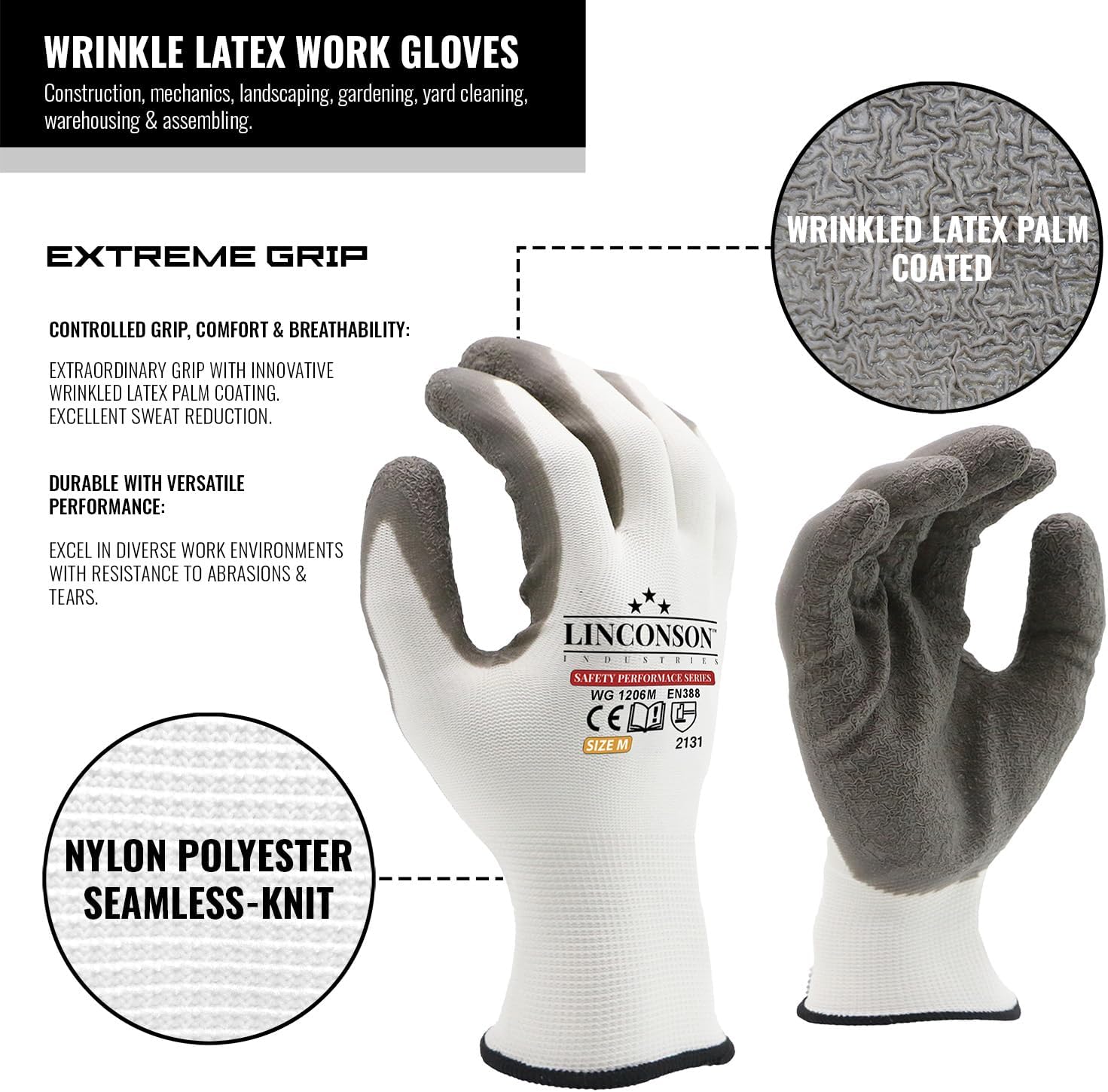 linconson 12 Pack Safety Performance Series Construction Mechanics Wrinkle Latex Work Gloves