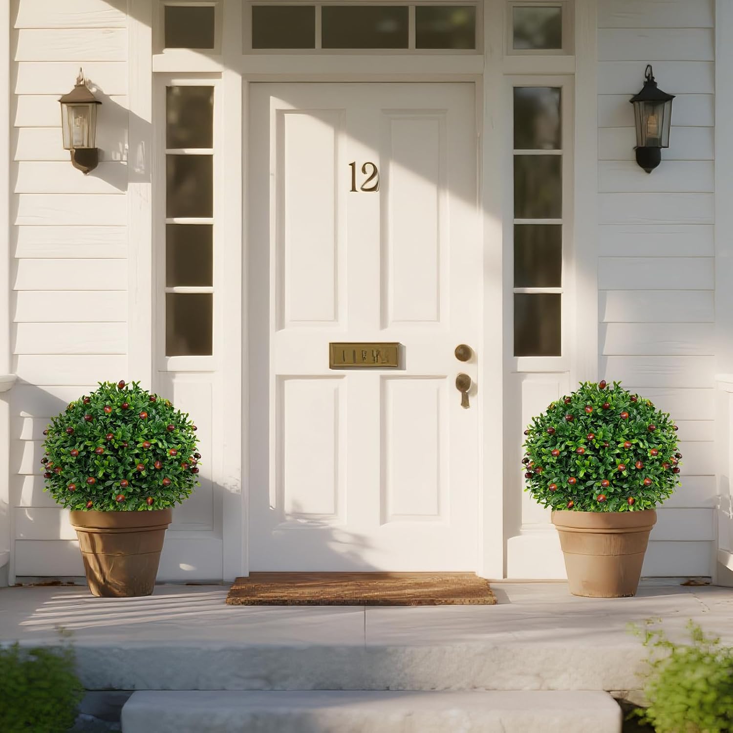 Artificial Olive Topiary Ball Trees with Ground Spike, Set of 2 UV Resistant Artificial Shrubs, Fake Evergreen Artificial Plant Bushes for Indoor Outdoor Front Porch Garden