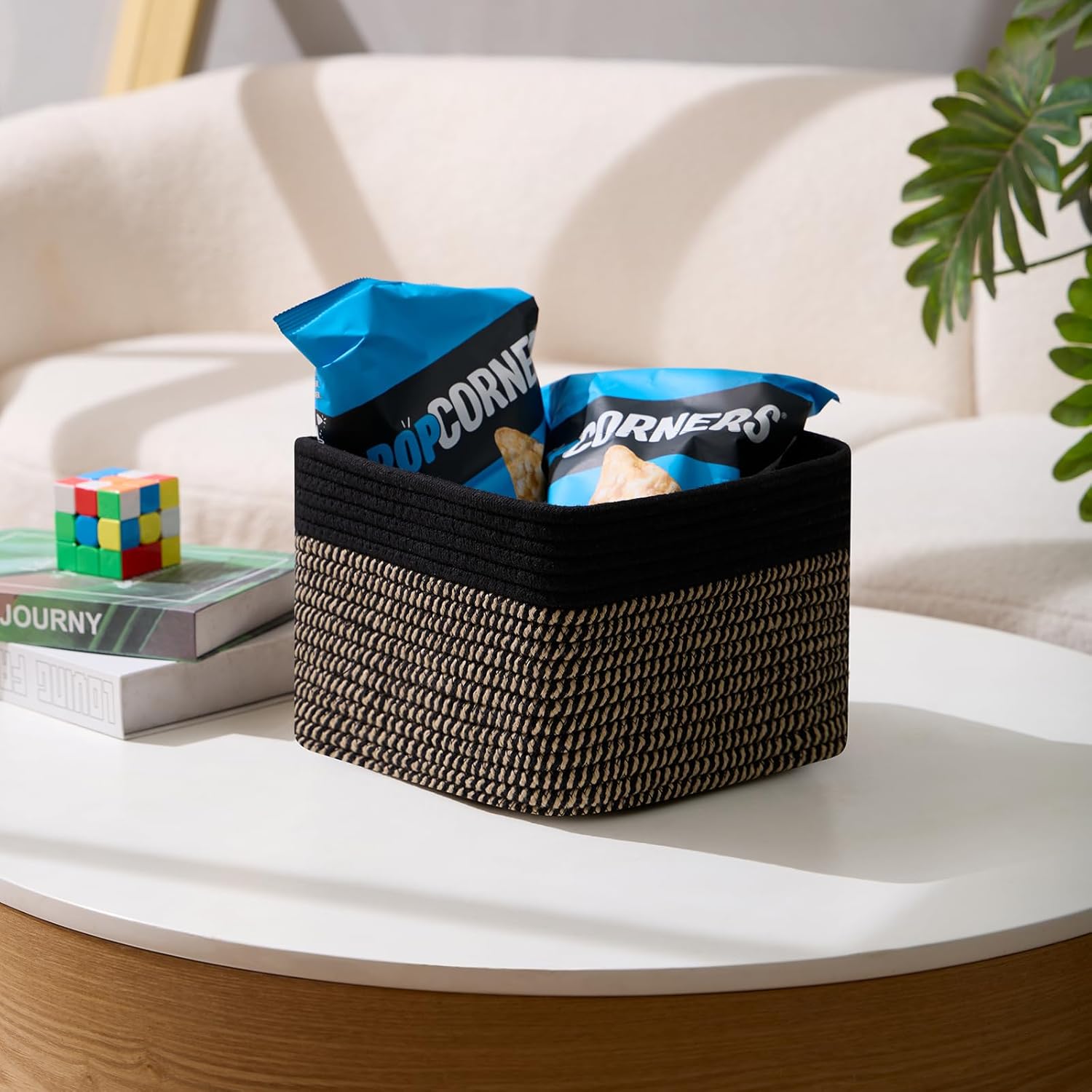 Small Organizing Baskets for Cubes Shelf, 9.7x9.7x7.1 Inch Rope Woven Storage Bins for Nursery Shelves Storage, Cute Toy Basket, Square 3 Packs Black Brown