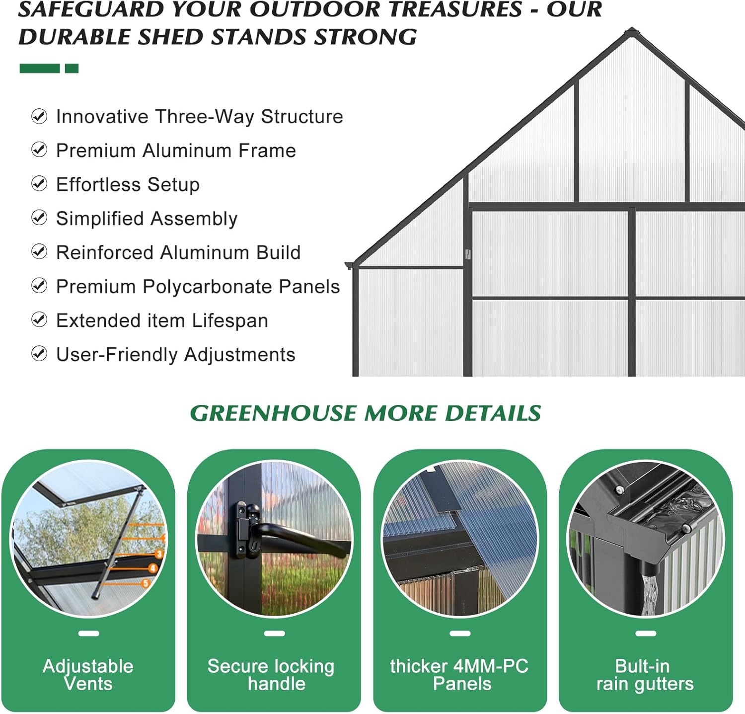 10'x10'x28' Snap-Together Greenhouse - Easy 3-Way Connectors, Heavy-Duty Aluminum Frame, Wind/Snow Resistant for Gardening/Urban Farming, Includes Sliding Door & Ventilation Windows