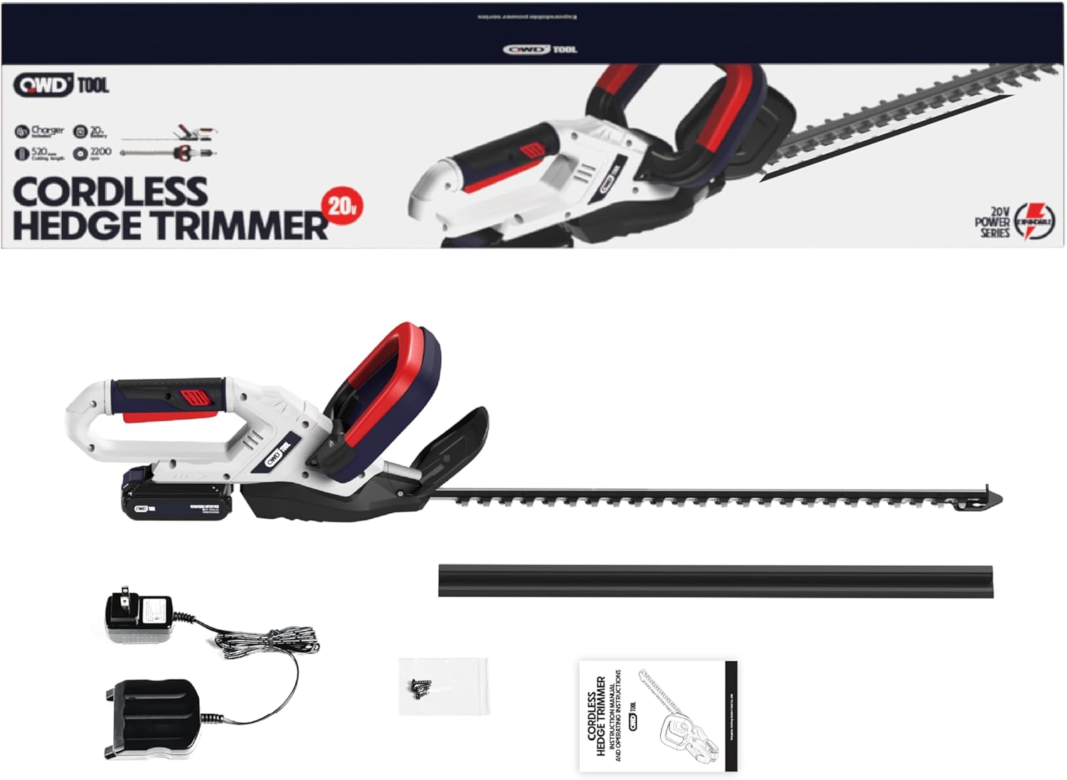 QWD 20v Cordless Hedge Trimmer Powered by Battery(Battery & Charger Included) with 20-Inch Blade & 40-Min Runtime,2200 cuts/Min,Lightweight Aluminum Body for Home Garden