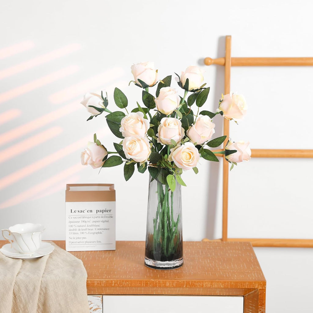 12Pcs Realistic Fake Cream Roses Faux Flowers with Long Stems, Artificial Silk Rose Flowers for Valentines Day Home Wedding Decor Bridal Bouquet