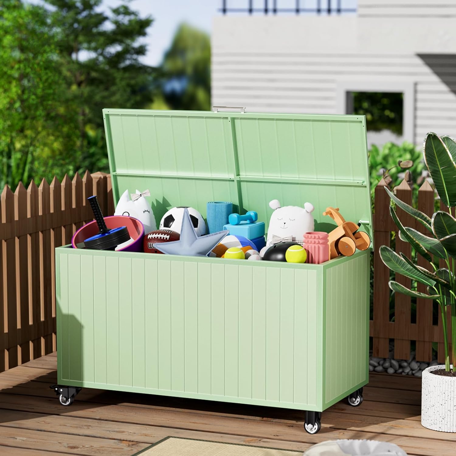 135 Gallon Outdoor Storage Box with Swivel Wheels, Waterproof Aluminum & Polylumber Deck Box, Patio Storage Box with Lid for Patio Furniture, Garden Tools, Outdoor Cushion