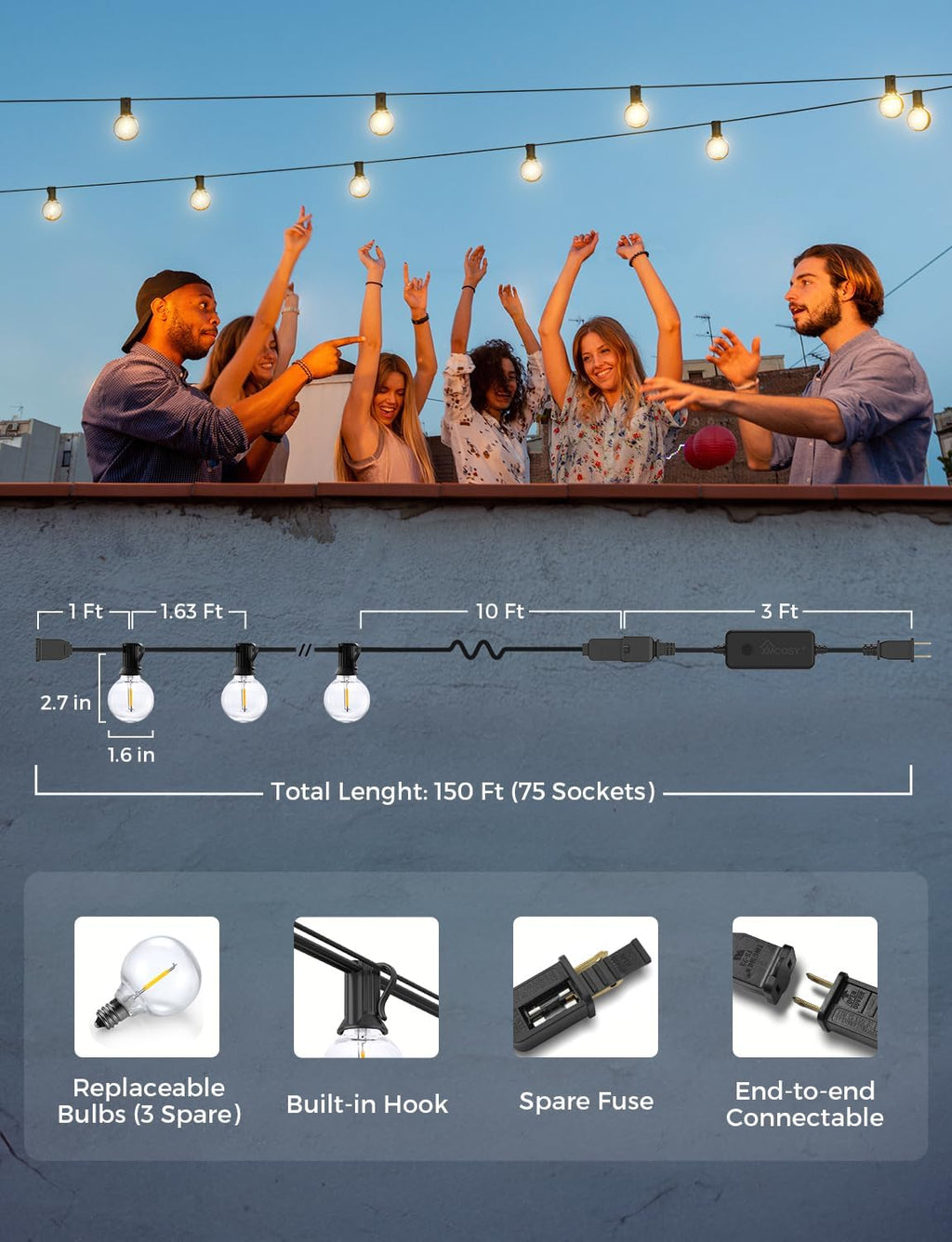 XMCOSY+ Smart Outdoor String Lights, 150Ft G40 Globe Patio Lights with 75 LED Bulbs, WiFi & APP Control, Work with Alexa, Extendable Waterproof Dimmable LED String Lights for Outside, Porch, Cafe