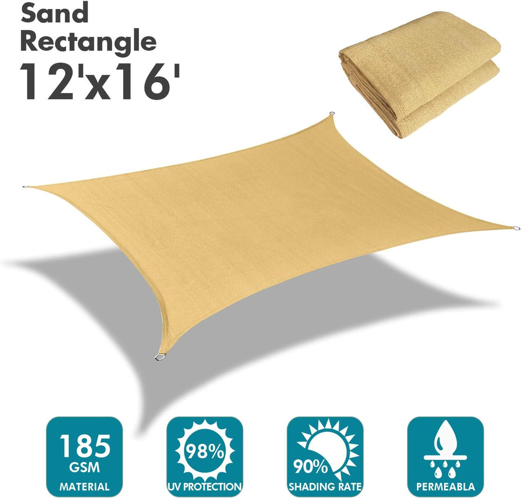 KANAGAWA Sun Shade Sail 12'x16' Sand Rectangle UV Block Canopy Awning Shelter Fabric Cloth Screen for Outdoor Patio Garden Backyard Activities