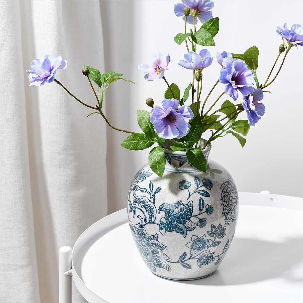 SIDUCAL Ceramic Chinoiserie Floral Vase | 6.3 Inch Blue and White Vintage | Retro Ice Cracked Blue and White Porcelain Vase for Table, Living Room, Bathroom Decoration, Shelf Decor, Mantel