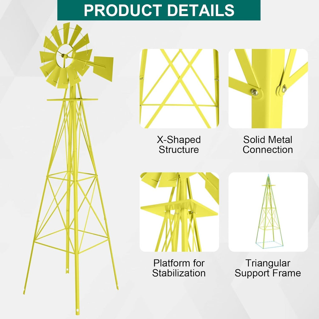 8FT Windmill for Yard Garden Decoration with Weather Vanes，Heavy Duty Outdoor Wind Mills, Large Metal Outdoor Windmill,Weather Resistant,Yellow