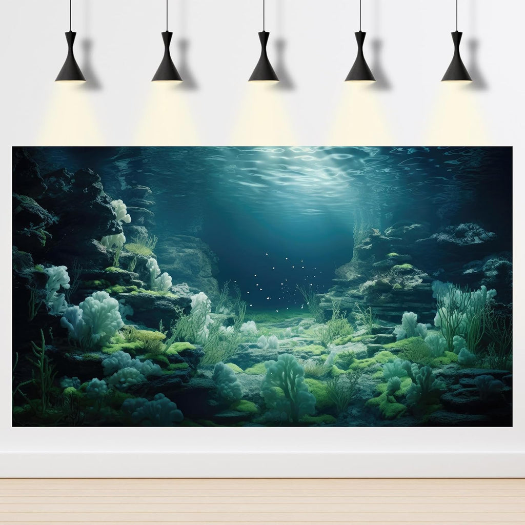 Aquarium Background Underwater Bioluminescent Life Coral Terrarium Backdrop White Coral Lush Moss Fish Tank Background Rock Sunlight Rays Tank Aquarium Wallpaper Poster Vinyl 24x16in