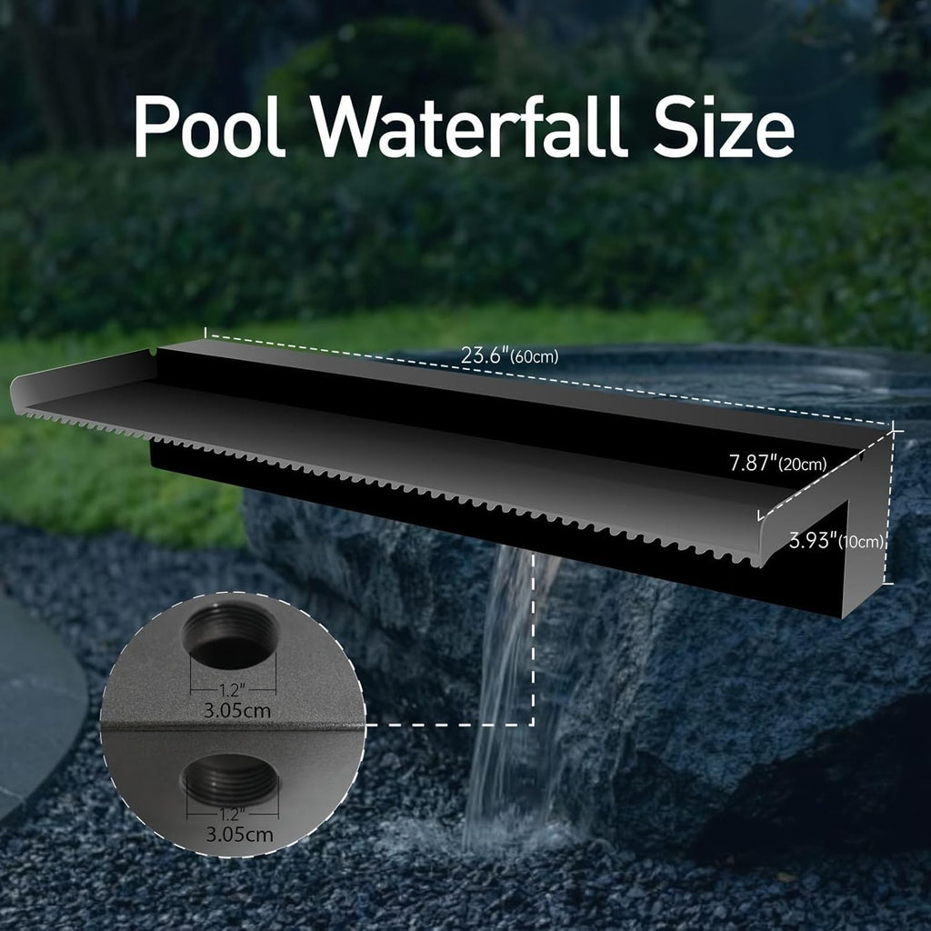 Pool Fountain Stainless Steel Pond Waterfall Spillway Kits for Indoor/Outdoor Decorative, 24 Inches Black Pool Water Feature for Garden Patio, Backyard Koi Pond Decor(No LED Light)