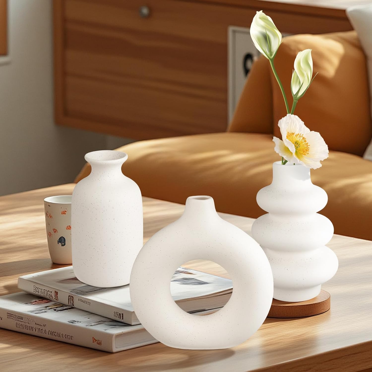 Ceramic Vase Set of 3, Small Flower Vase for Home Decor, Decorative Vases for Pampas Grass & Dried Flowers, Living Room, Bedroom, Bathroom, Shelf Centerpiece Table Decorations