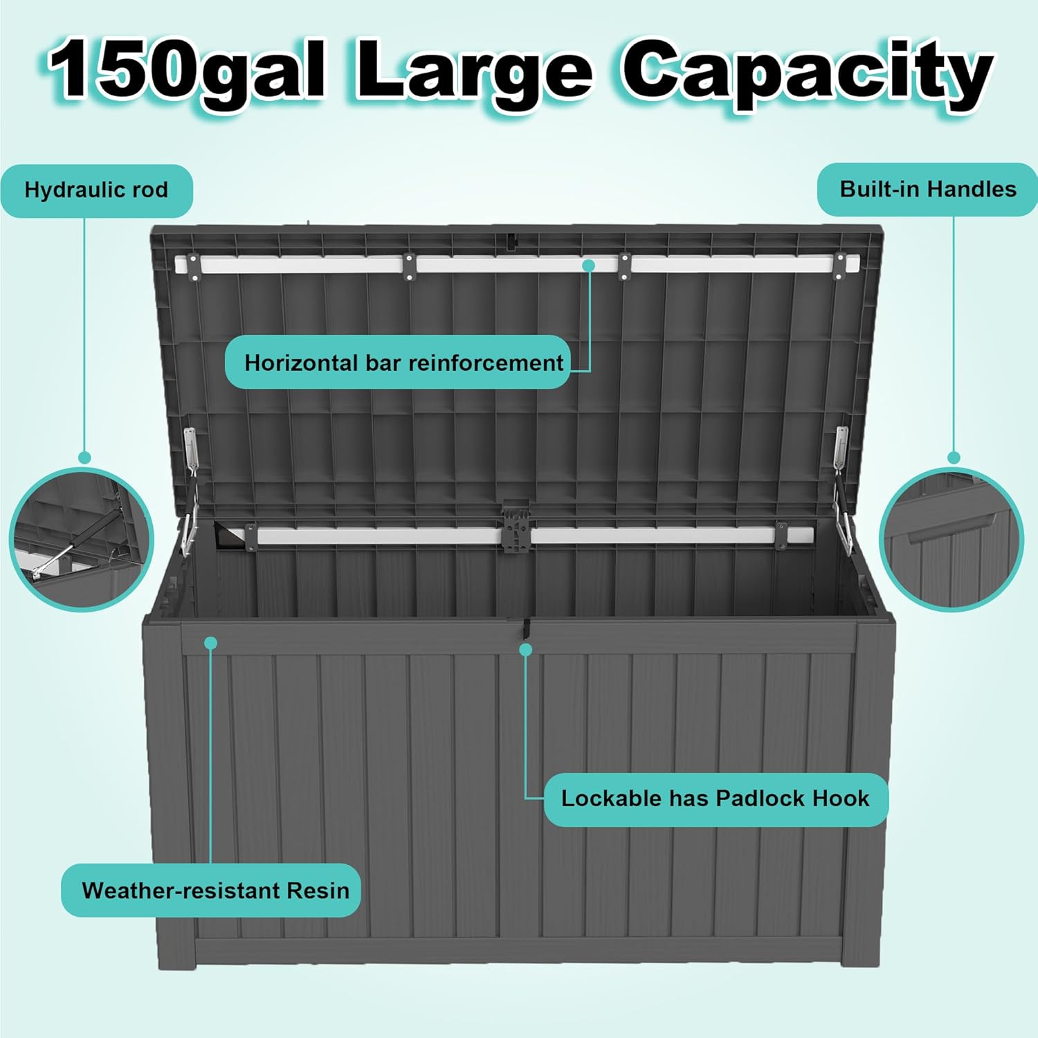 150Gal Outdoor Deck Box Waterproof, Lager Patio Storage Box Indoor and Outdoor Use, Lockable Resin Storage Bin for Patio Furniture Cushions Garden Tools, Package Delivery,UV Resistant-Black