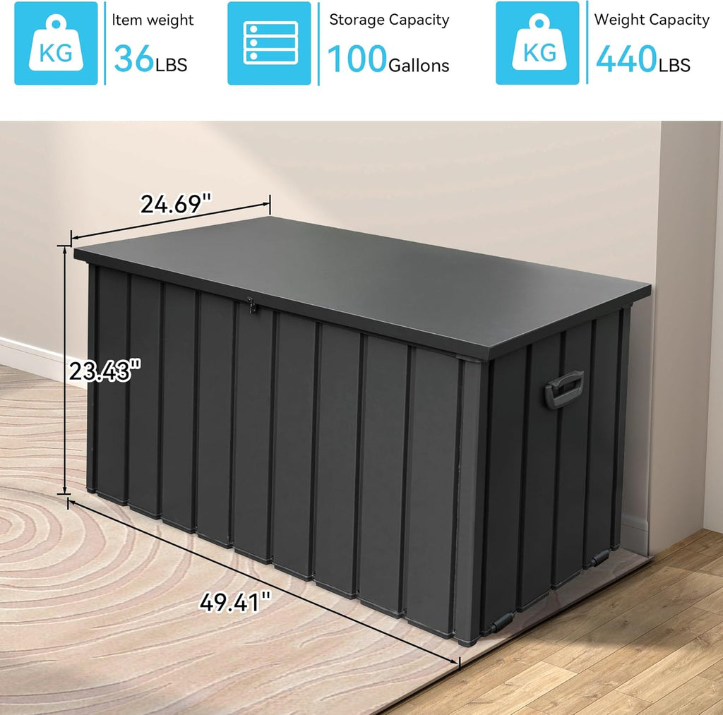 100 Gallon Metal Outdoor Storage Box, Waterproof Steel Deck Box, Large Patio Furniture Storage Cabinet, Lockable Storage Bench for Porch Package Delivery, Cushions, Pool, Tools- Dark Grey