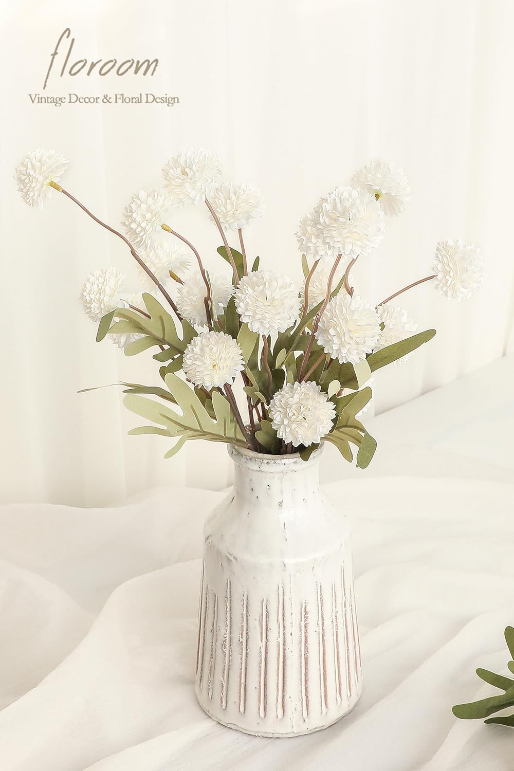 Floroom 5pcs Ivory Faux Silk Mums Artificial Flowers, Bulk Fake Small Mini Chrysanthemums with Stems for DIY White Wedding Centerpieces Floral Arrangements Vase Fillers Home Decorations