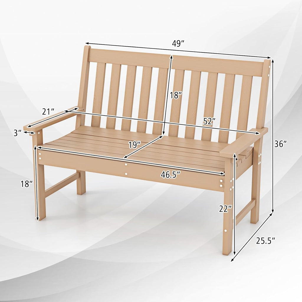 Giantex Outdoor Bench, 52-Inch Outside Bench All-Weather HDPE Park Bench with Backrest and Armrests, 705 lbs Weight Capacity, 2-Person Slatted Patio Bench for Porch, Yard, Lawn, Garden Bench (Teak)