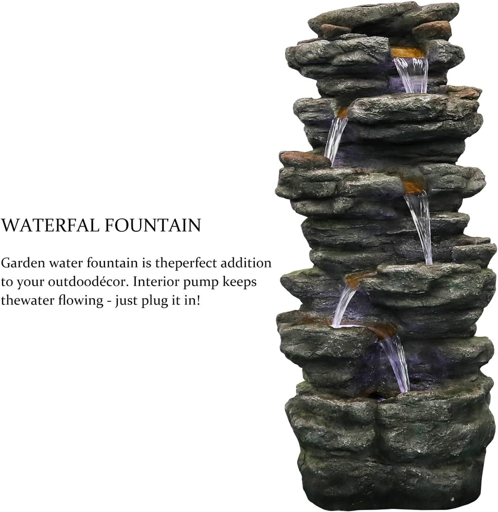 SunJet 40" High 6-Tiers Cascading Rock Outdoor Water Fountain with LED Lights - Large Outdoor Fountains and Waterfalls for Garden or Patio, Yard, and Deck Decor, Featuring Natural Stone Look