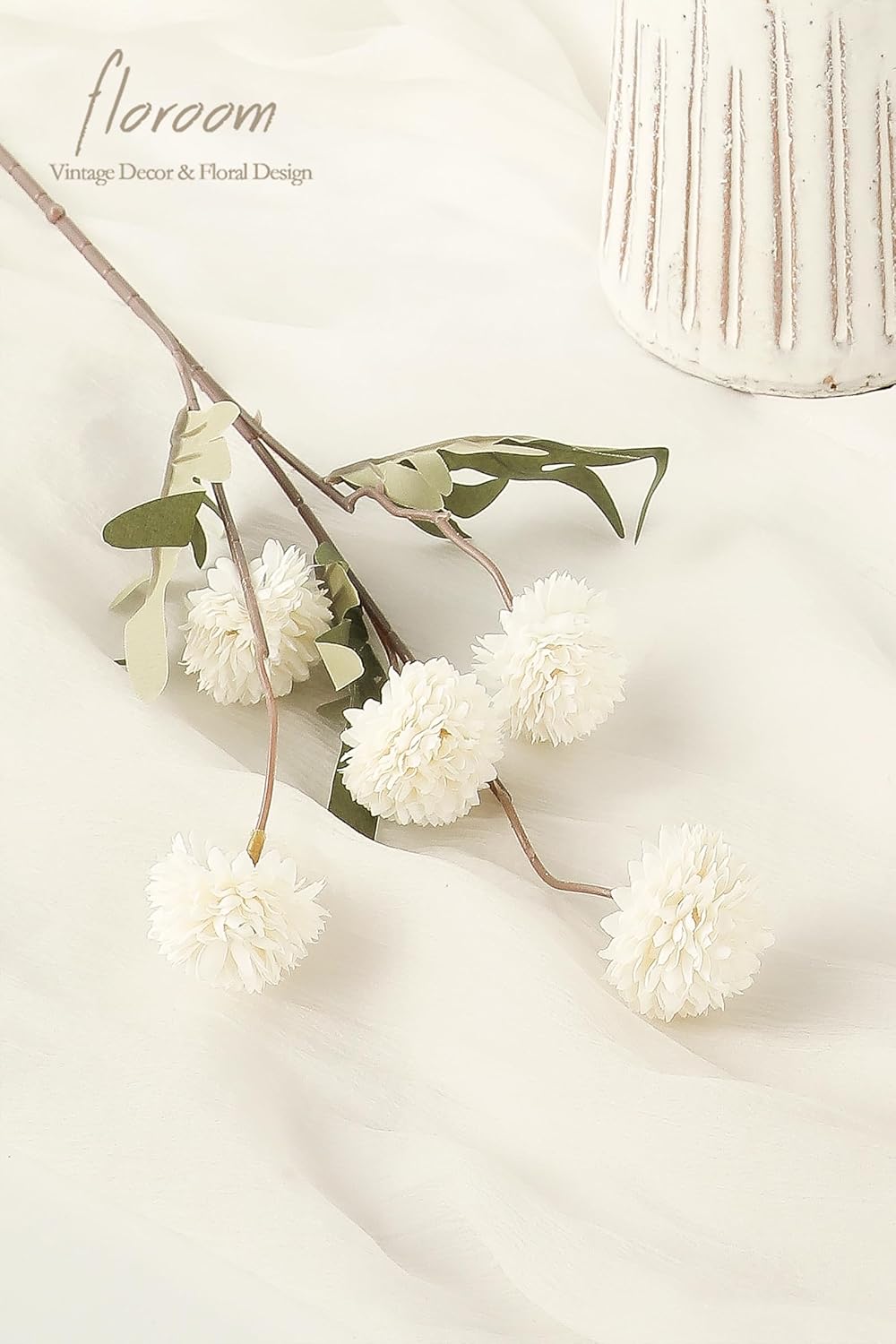 Floroom 5pcs Ivory Faux Silk Mums Artificial Flowers, Bulk Fake Small Mini Chrysanthemums with Stems for DIY White Wedding Centerpieces Floral Arrangements Vase Fillers Home Decorations