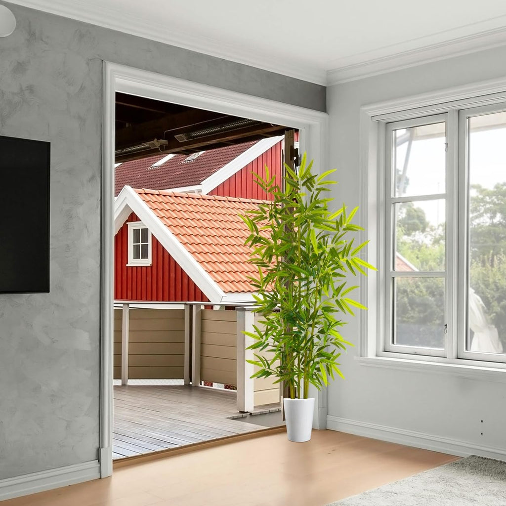 Artificial Bamboo Tree, 6ft Tall Fake Bamboo Plant with White Planter, Faux Trees with 5 Trunks and Lifelike Leaves for Indoor Outdoor Home Office Décor