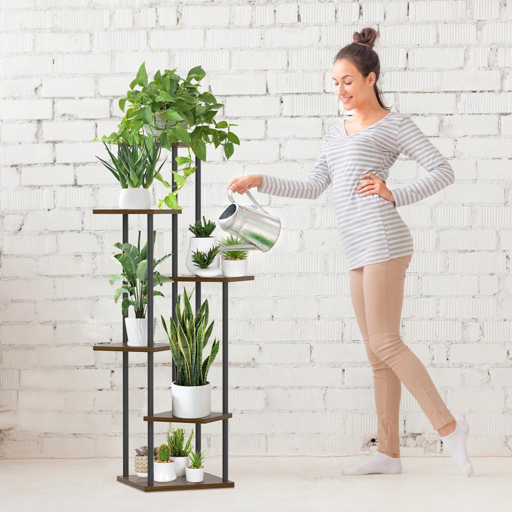 6 Tier Plant Stand Indoor, Tall Metal Wood Muti-Level Planter Shelf Holder, Sturdy Large Vertical Corner Orchid Flower Pot Display Rack for Narrow House Decor Office Living Room Bedroom, Oak