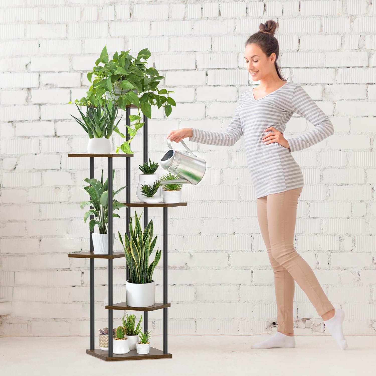 6 Tier Plant Stand Indoor, Tall Metal Wood Muti-Level Planter Shelf Holder, Sturdy Large Vertical Corner Orchid Flower Pot Display Rack for Narrow House Decor Office Living Room Bedroom, Oak