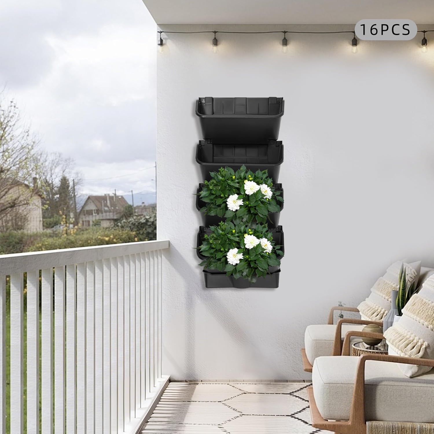 Vertical Wall Planter with 16 Pots, Hanging Garden Plant Flowerpot Holder, Stackable Wall-Mounted Planter, Balcony Planters for Flowers Vegetables Fruits (Black, 16 Pots+4 Drainage Planters&Pipe)