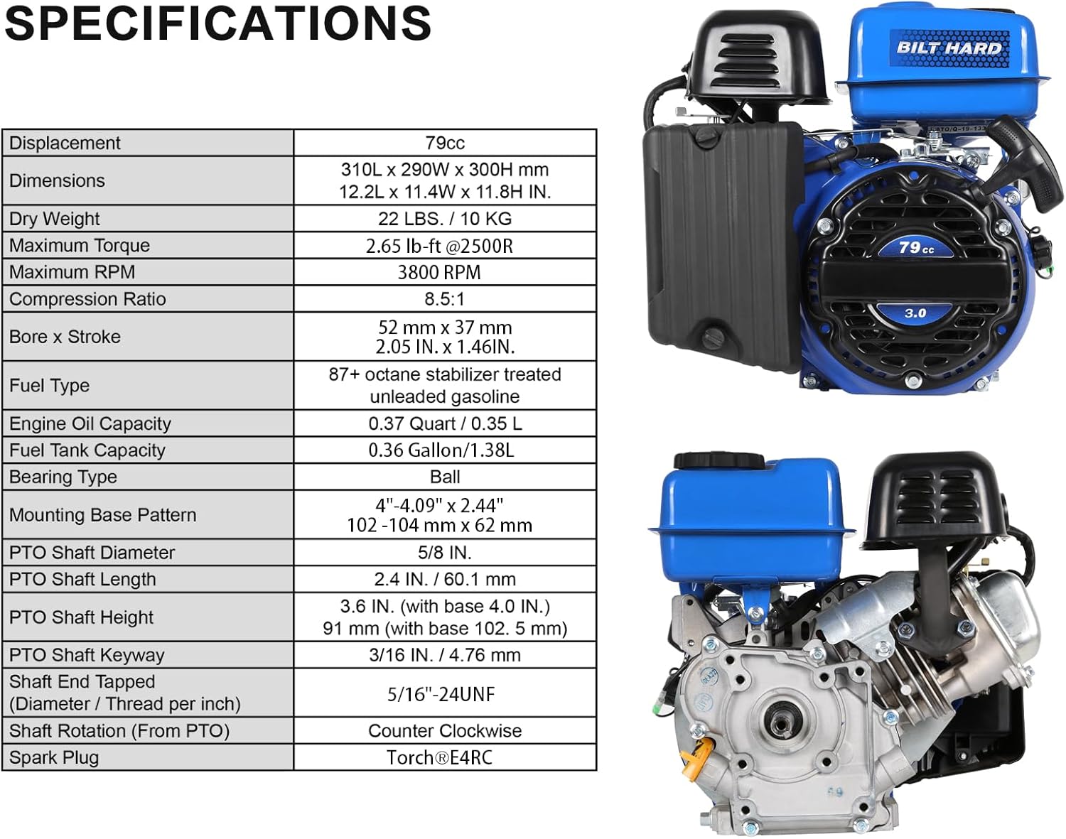 BILT HARD Gas Engine 79cc 2 HP, Gas Motor for Log Splitter, Pressure Washer and Water Pump, EPA & CARB Certified, 4 Stroke OHV Horizontal Shaft with Recoil Start