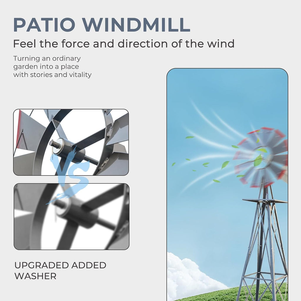 Outvita 8FT Ornamental Windmill, Heavy Duty Durable Metal Weather Vane Garden Decoration Weather Resistant for Garden, Yard, Farm, Seaside (8ft-Gray)