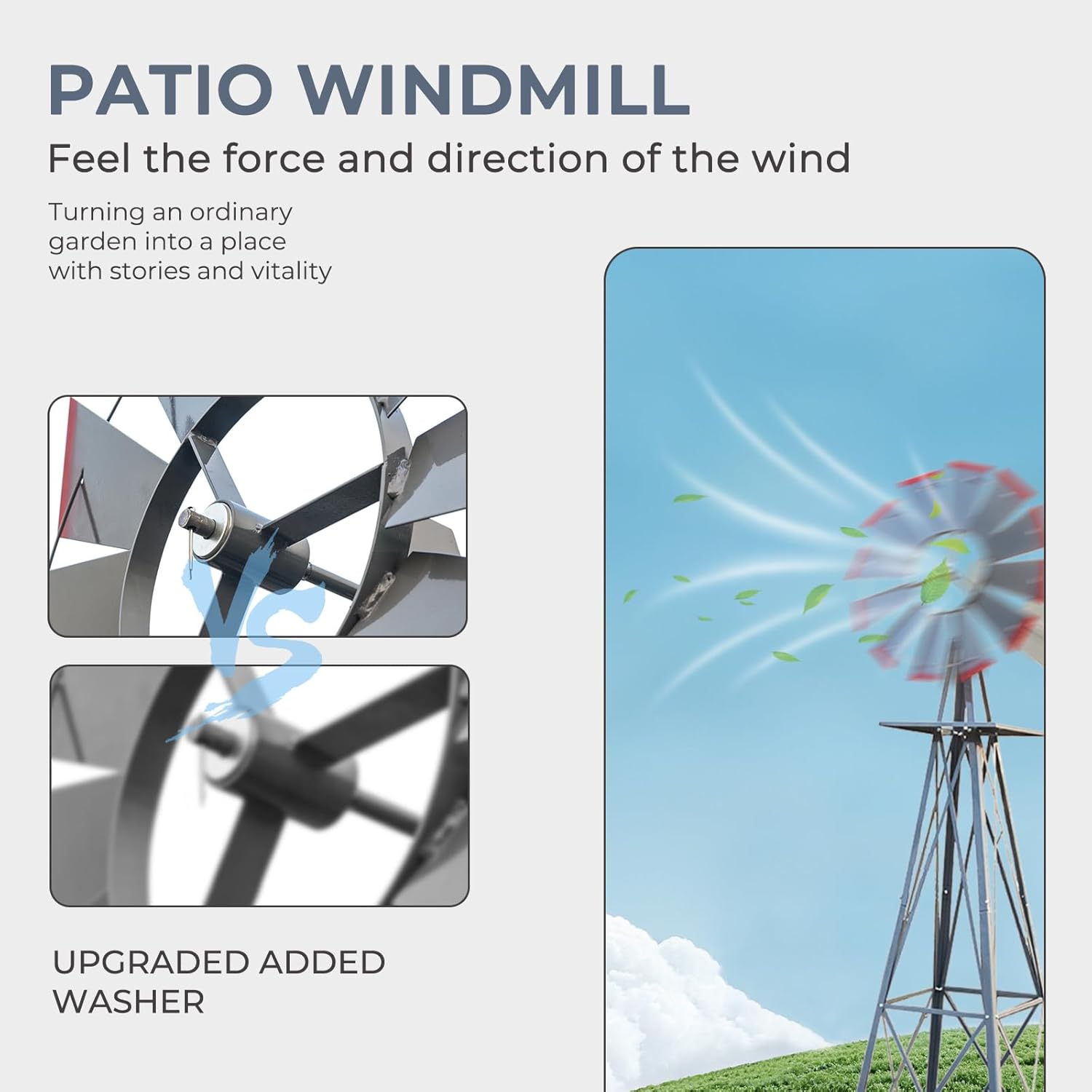 Outvita 8FT Ornamental Windmill, Heavy Duty Durable Metal Weather Vane Garden Decoration Weather Resistant for Garden, Yard, Farm, Seaside (8ft-Gray)