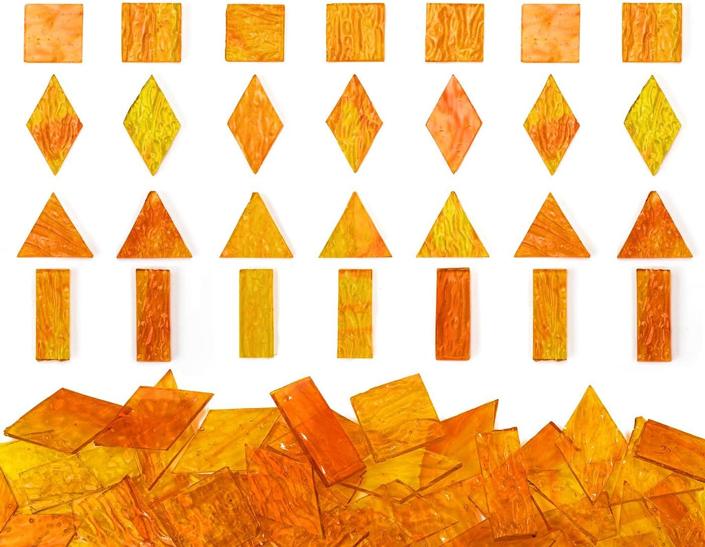 Large Textured Transparent Glass Mosaic Tiles, 200G Vibrant 4 Shapes Stained Pieces for DIY Crafts Bulk, 70pcs for Art Decor, Pumpkin
