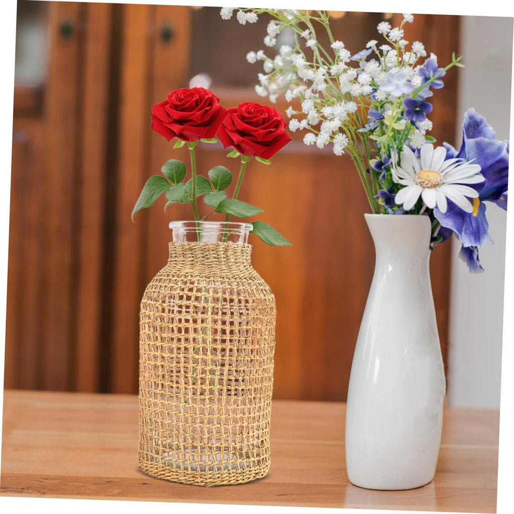 DOITOOL Glass Flower Vase with Rattan Cover, Round Decorative Flower Vase Woven Seagrass Vase Farmhouse Vase Floral Container for Floral Arrangement Table Centerpiece Decor (Size L)