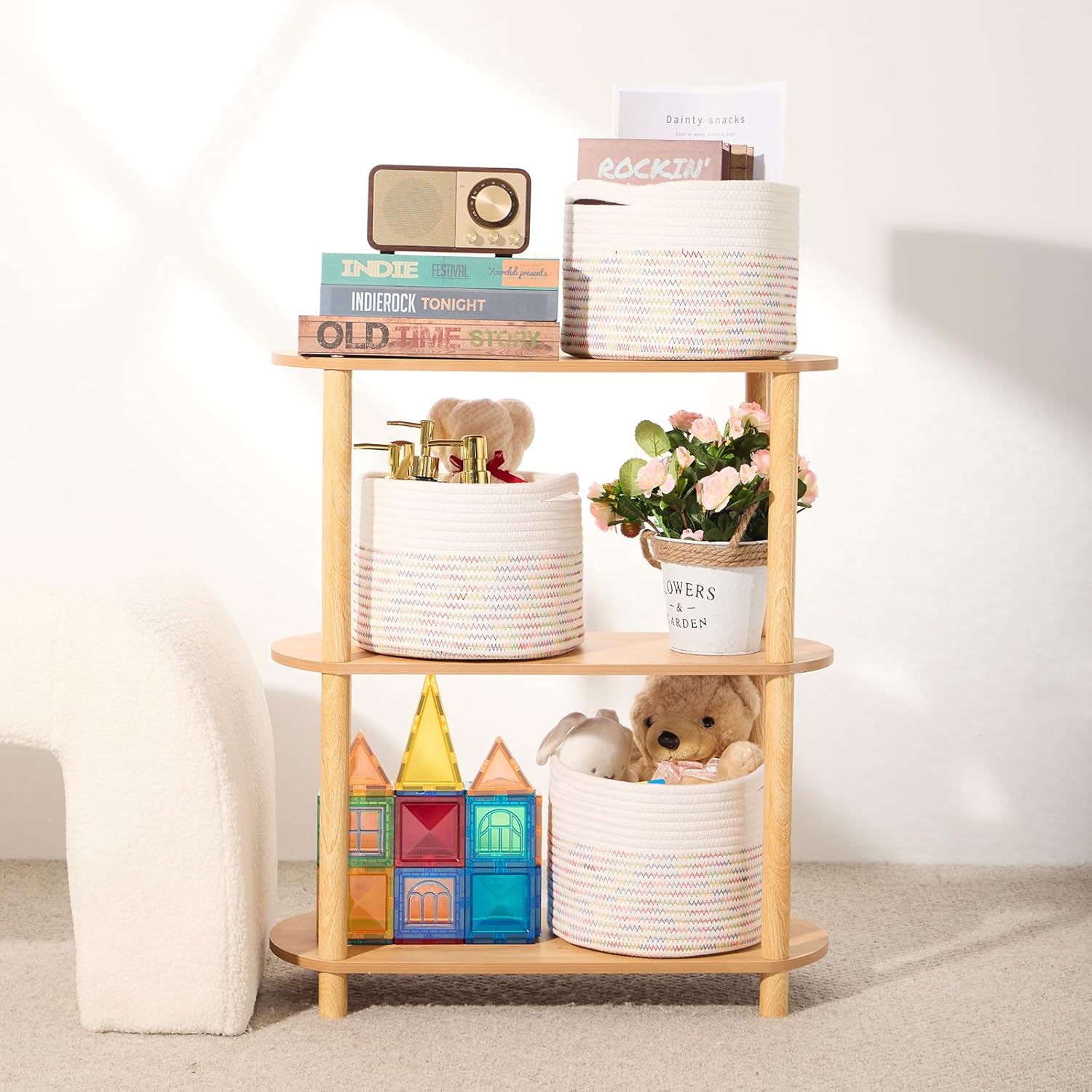 Small Basket for Organizing | Cube Shelf Closet Storage Baskets | 9.7×9.7×7.1” | Woven Rope Gift Basket | Nursery | Round 3 Packs Rainbow