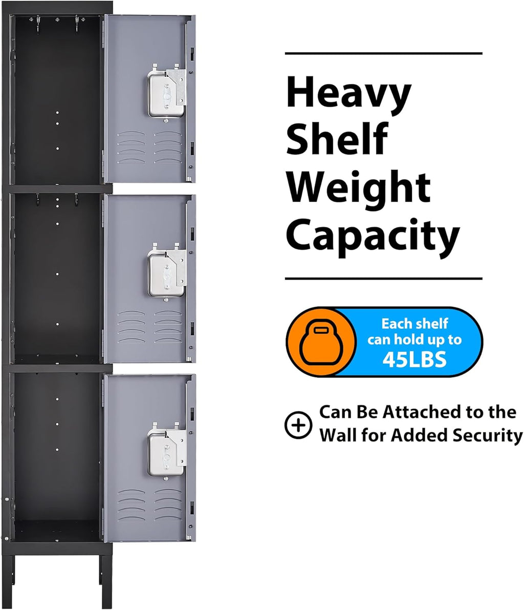 Metal Locker for School Home Office Gym, Steel Storage Lockers for Employees Students, 3 Tier Metal Storage Locker Cabinet with 3 Doors (Black Grey)