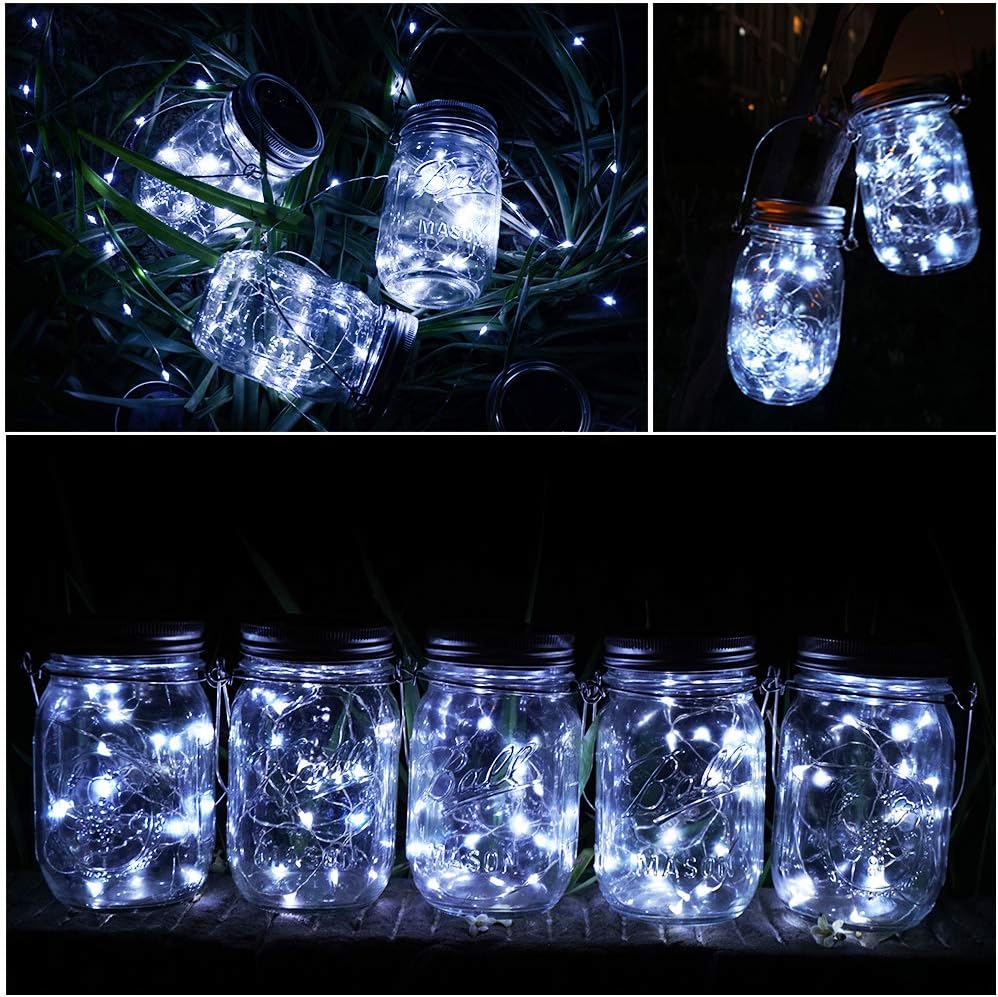 SunKite Solar Mason Jar Lights [Updated], 8 Pack 20 LED Waterproof Fairy Firefly Jar Lids String Lights with Hangers(NO Jars), Patio Yard Garden Wedding Decoration - Cool White